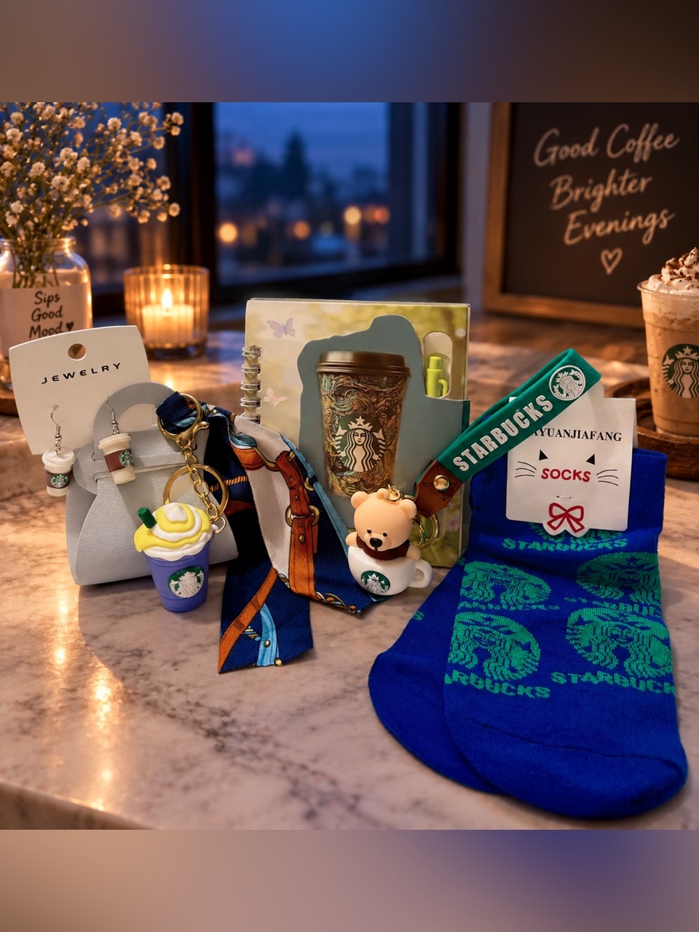 Blue Frappuccino and Coffee Bear w/mini bag & more Bundle with Green Accents